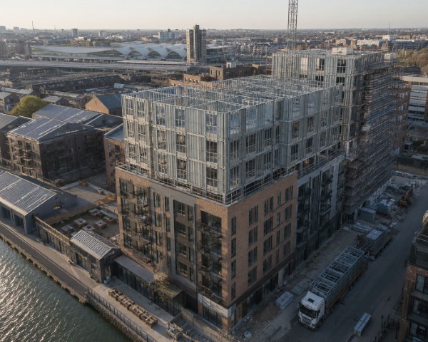 Aerial view of a UK Build-to-Rent residential block under construction with panellised steel frame system being installed on the upper floors.