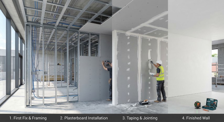 This composite image illustrates the four primary stages of interior commercial wall construction, transitioning from a raw structural skeleton to a finished architectural space. Stage 1: First Fix & Framing: The scene begins with a dense skeleton of silver-galvanized metal stud framing for a partition wall and a suspended ceiling grid. Integrated throughout the frame are bundles of bright blue data cables and utility conduits, meticulously routed through the metal channels. Stage 2: Plasterboard Installation: A worker, equipped with a high-visibility vest and hard hat, is shown positioning a large gray plasterboard sheet against the metal studs. This section demonstrates the transition from open framing to a closed wall surface. Stage 3: Taping & Jointing: A technician in safety gear uses a broad knife to apply white jointing compound and tape over a vertical seam. This step highlights the manual precision required to bridge the gaps between plasterboard panels for a flush finish. Stage 4: Finished Wall: The final section displays a pristine, seamless white wall that is fully painted. The modern workspace is grounded by a polished concrete floor featuring a green laser level and a professional toolbox. Large exterior glass windows in the background provide natural light, emphasizing the smooth, high-quality finish of the completed construction.