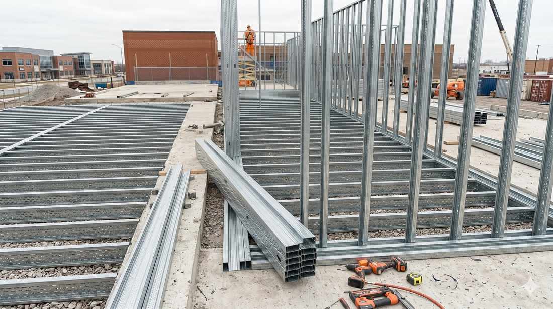 Wide architectural photograph of a multi-storey UK building under construction with extensive light gauge steel framing visible — both external infill walls and internal partitions exposed before cladding. Bright daylight, sharp focus on the steel framing structure, workers visible installing additional sections. Modern urban UK context. Professional construction photography style. No text or watermarks.