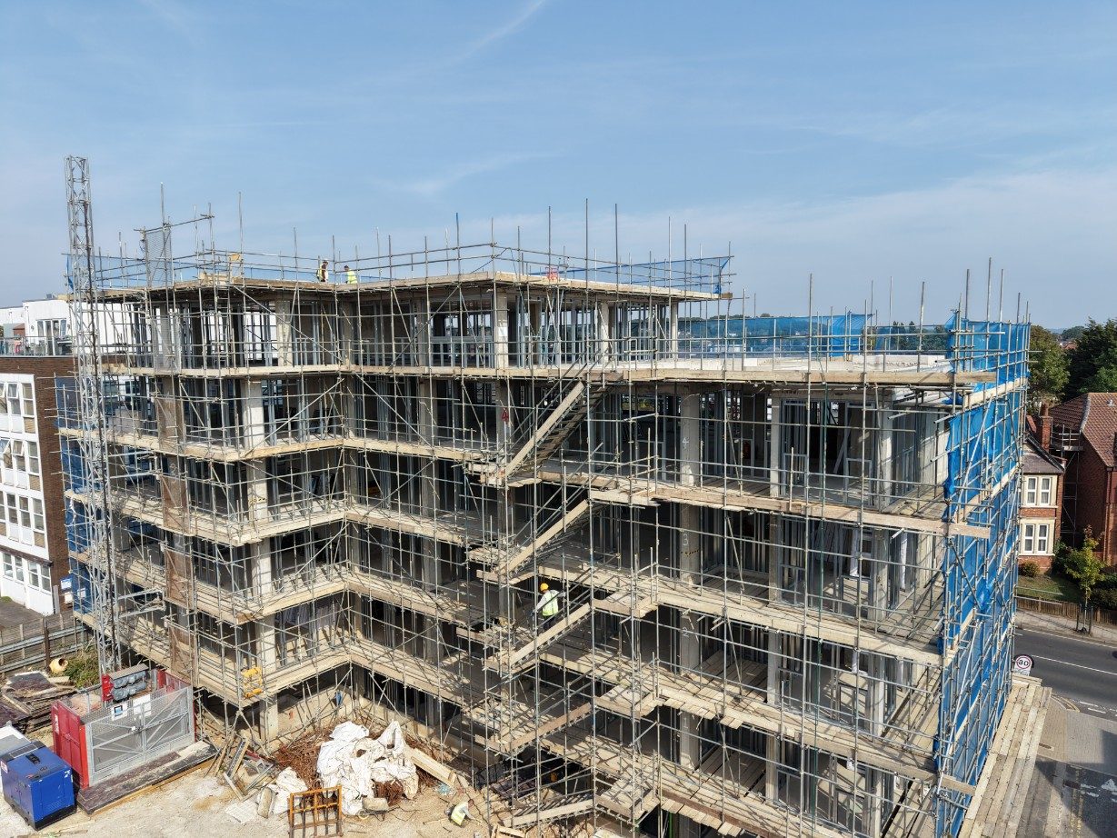 Scaffolded steel frame on the upper floors of the Harrow High Street development