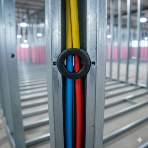 Close-up of pre-punched service holes in light gauge steel studs for fast electrical and plumbing installation.