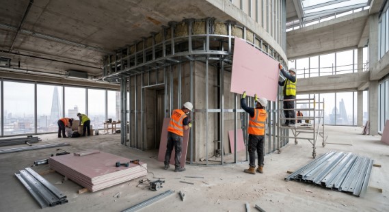 A wide-angle photograph taken on a dusty commercial construction site in London shows four workers in high-visibility orange vests and hard hats installing large sheets of pink fire-resistant plasterboard onto a curved metal track and stud framework that encircles a central lift core. The building is a high-rise office under fit-out, with vast, multi-story floor-to-ceiling windows in the background offering a clear view of the blurred London skyline. One worker uses a screw gun to attach a panel, while others handle material from stacks on the floor. Steel studs are visible, and construction equipment is scattered. The overall image captures the complex process of fire-stop installation and interior construction in a modern high-rise.