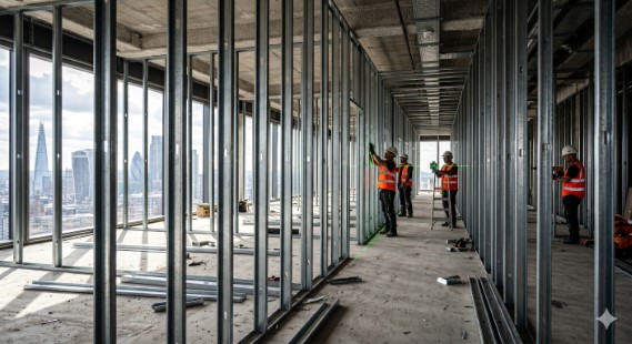 A wide-angle industrial photograph taken on a high-rise commercial construction site in London during an active fit-out. A long corridor of metal stud framework stretches deep into the distance, showing the skeleton of future offices. Workers wearing high-visibility orange vests and hard hats are visible in the background, using green laser levels to align the tracks. High-contrast natural light from large floor-to-ceiling windows illuminates the scene, highlighting the dust and the galvanized steel frames against a panoramic view of the London skyline, including The Shard. The concrete floor is scattered with construction materials, and the focus is sharp across the active workers and detailed construction.