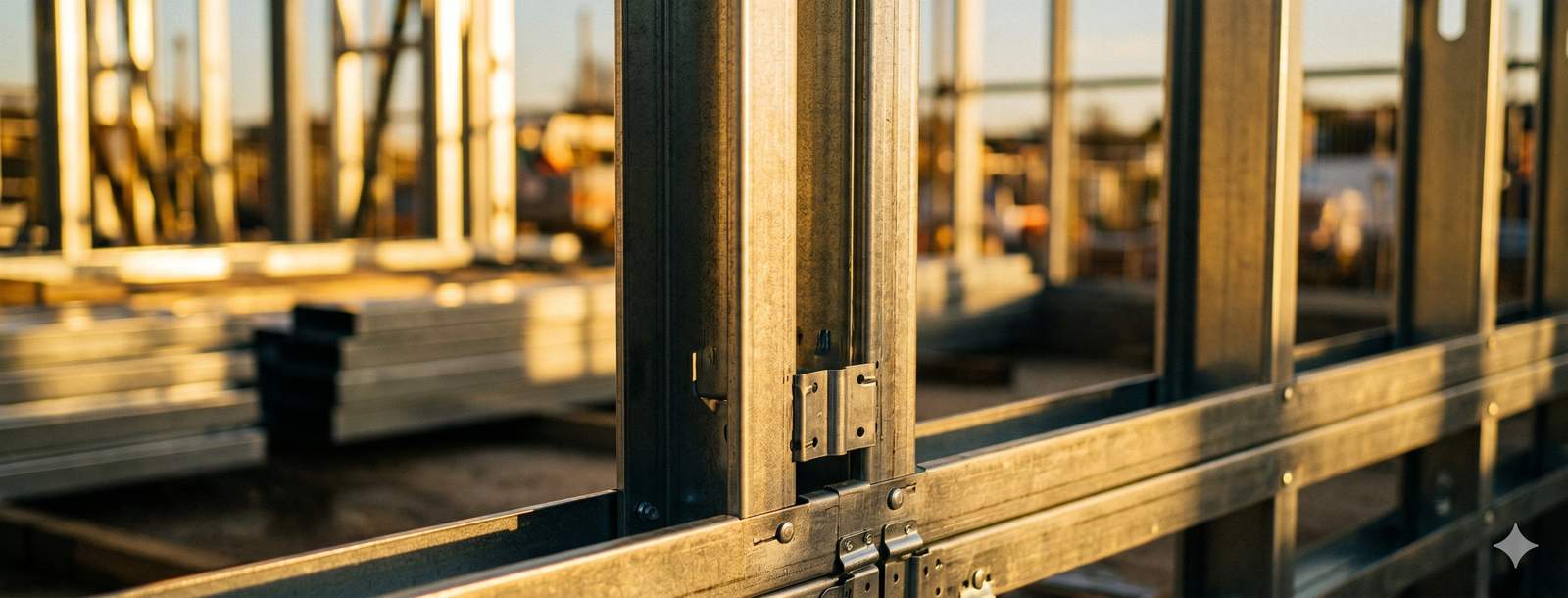 Cold-formed light gauge steel framing being installed on a UK construction site