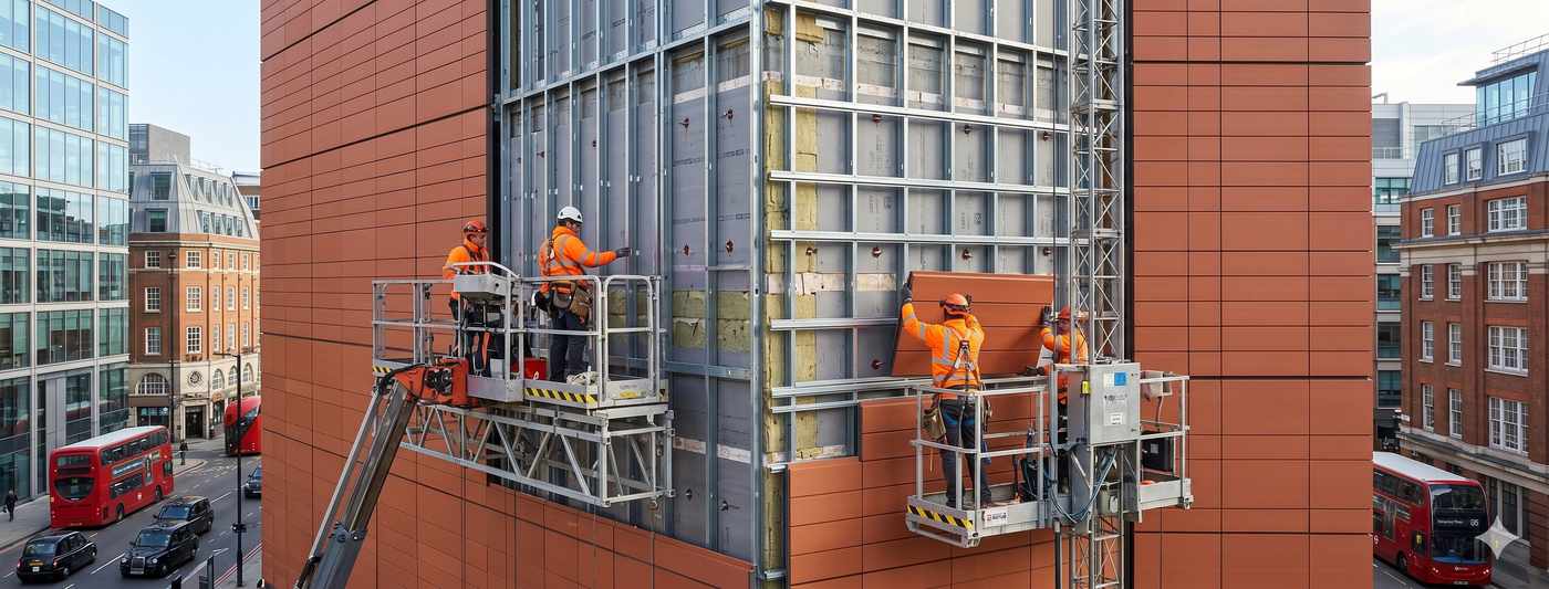 Wide architectural photograph of a UK mid-rise construction site with extensive Metsec-type SFS infill walling visible across multiple floors. Workers in high-visibility orange installing additional wall sections. Characteristic Metsec stud profiles visible. Bright overcast daylight, sharp focus on the SFS infill framework, urban UK context. Documentary construction photography style. No Metsec branding visible.