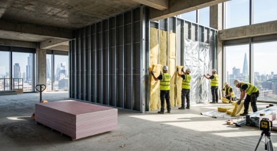 A wide-angle industrial documentary photograph taken on a London commercial construction site during an active fit-out. A team of five drylining operatives in high-visibility orange vests and hard hats are installing mineral wool insulation (yellow batts) and a silver vapour control layer into a freshly completed galvanized steel SFS (Steel Frame System) frame, closing the building envelope between the beam flanges and columns. Immediately adjacent, on the same floor plate, is a fully finished section of the SFS wall. In the foreground, a large stack of pink fire-rated plasterboard sheets waits for internal lining. Natural daylight streams through massive floor-to-ceiling windows, casting high-contrast shadows and highlighting the detailed textures of the insulation, metal framing, and dusty concrete floor against a naturally blurred London skyline, which includes The Shard. Construction tools and material offcuts are scattered across the floor.
