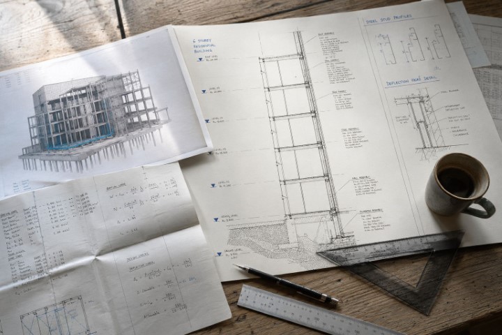 Architect's desk laid out with steel frame system technical drawings, structural calculations and design tools for a RIBA Stage 3 specification review.