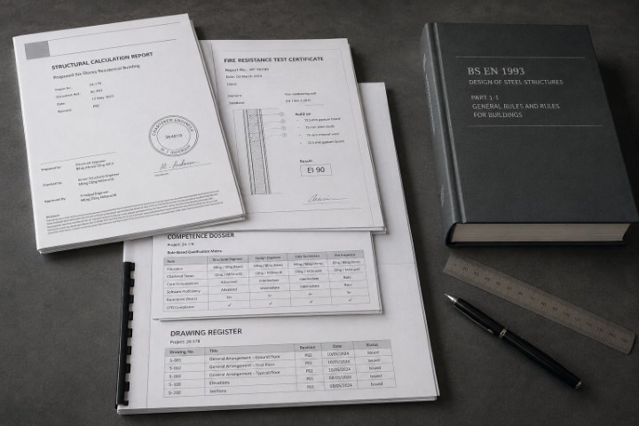 Gateway 2 SFS evidence documents stacked on a conference table including structural calculations, a fire test certificate and a competence dossier.