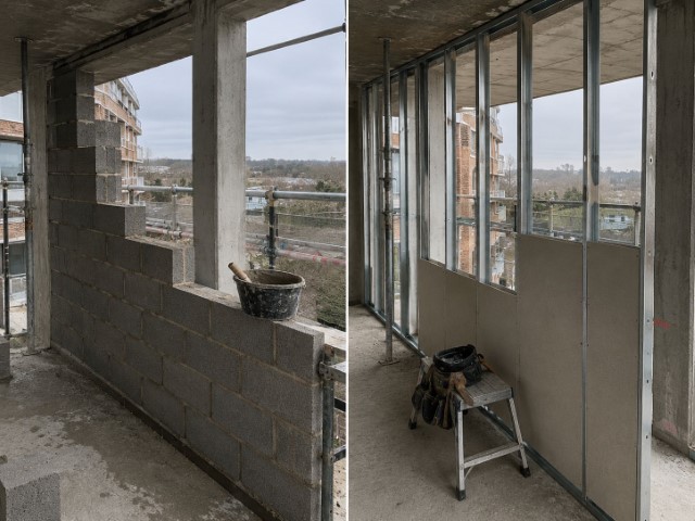 Side-by-side split-screen comparison of SFS infill and blockwork infill walls being installed in the same mid-rise residential building.