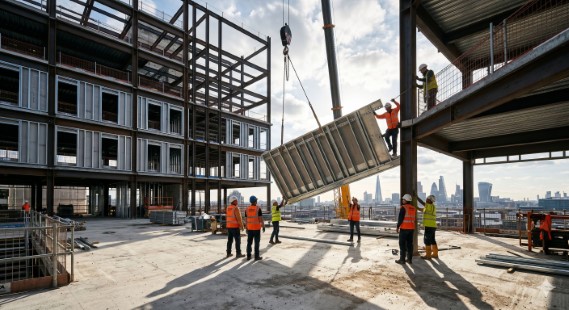 A wide-angle industrial photograph captures a multi-story high-rise construction site in London during the facade closure phase. A dynamic team of four construction workers, wearing orange high-visibility vests and hard hats, is actively hoisting a large, prefabricated SFS (Steel Frame System) C-stud panel into place on an open concrete floor slab. In the background, a substantial hot-rolled structural steel frame dominates the scene, with many levels already enclosed by completed, grey-sheathed SFS infill walls. High-contrast natural daylight from a bright sky casts long shadows on the concrete, silhouetting the foreground workers and the intricate metal framing against a naturally blurred London skyline, including The Shard. A large mobile crane jib is partially visible above, supporting the lifting process. The image emphasizes the human scale and the technical assembly of modern, non-load-bearing envelope systems.