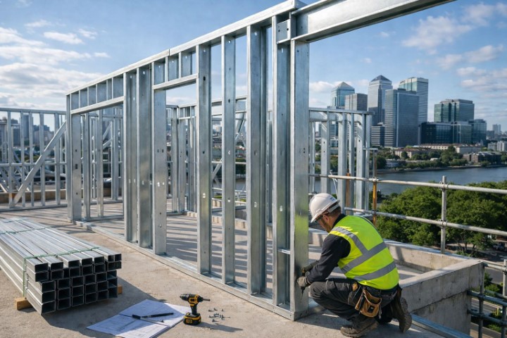Steel Framed Systems (SFS) installation on a London construction site with steel frame structure and worker assembling framework near Canary Wharf skyline