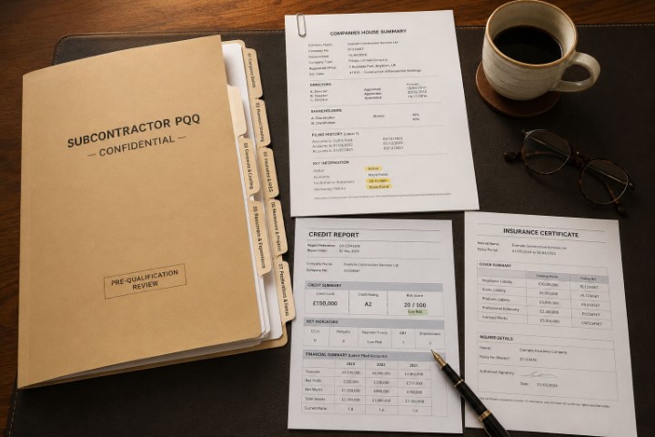 Quantity surveyor's desk during a subcontractor pre-qualification review showing a manila folder, Companies House summary, credit report and insurance certificate.
