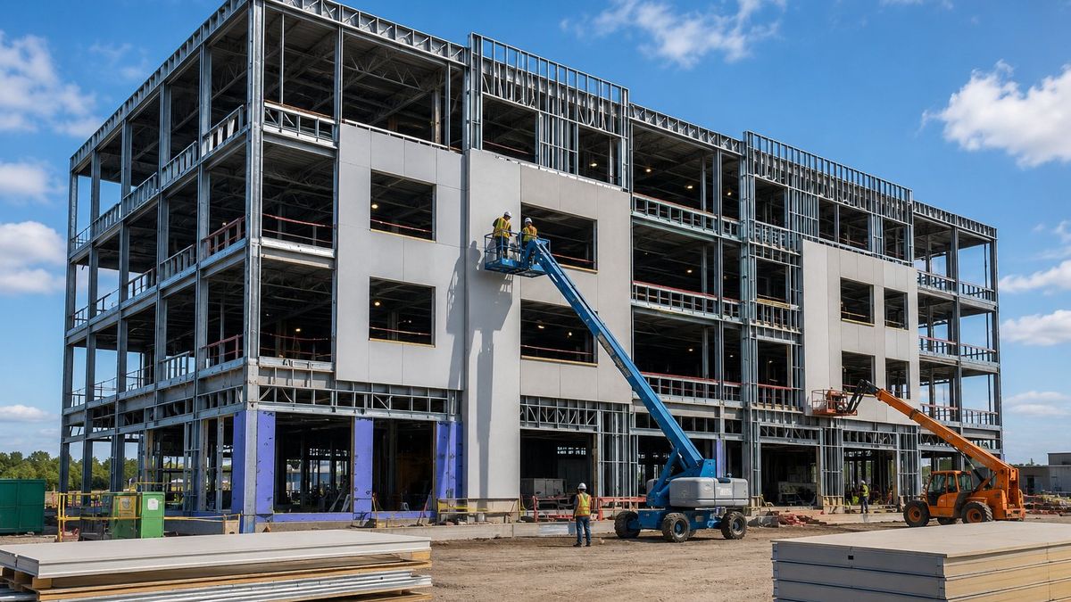Multi-storey building under construction with SFS infill walling installed across the lower floors and steel frame above.