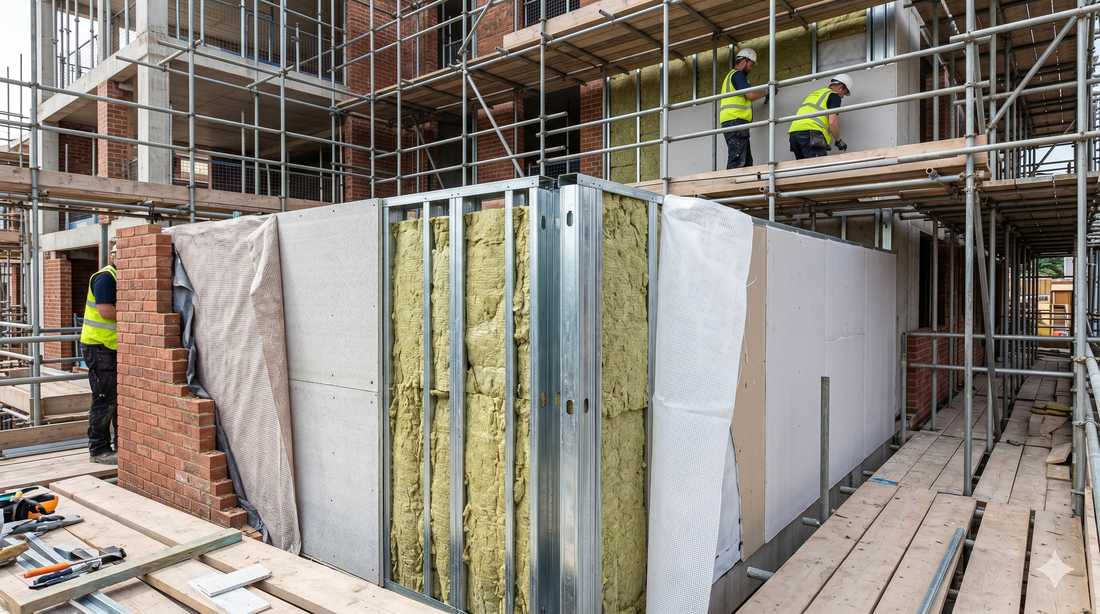 SFS infill walls being installed between concrete floor slabs on a UK mid-rise BTR construction site