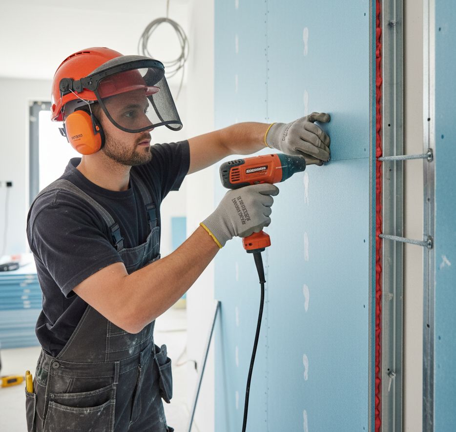 skilled drylining contractor wearing professional gear. They are using an electric screwdriver to fix a large, heavy sheet of acoustic plasterboard to a resilient bar system