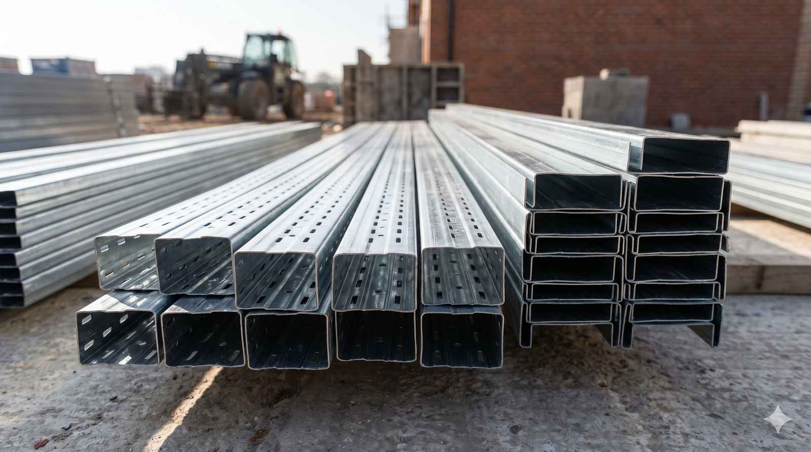 Wide architectural photograph showing four steel structure framing methods at work on a large UK construction site — hot-rolled structural steel columns in the foreground, cold-formed SFS infill walls in the middle distance, modular wall panels being craned in the background. Bright daylight, sharp focus, multiple cranes visible, complex urban construction context. Documentary photography style.